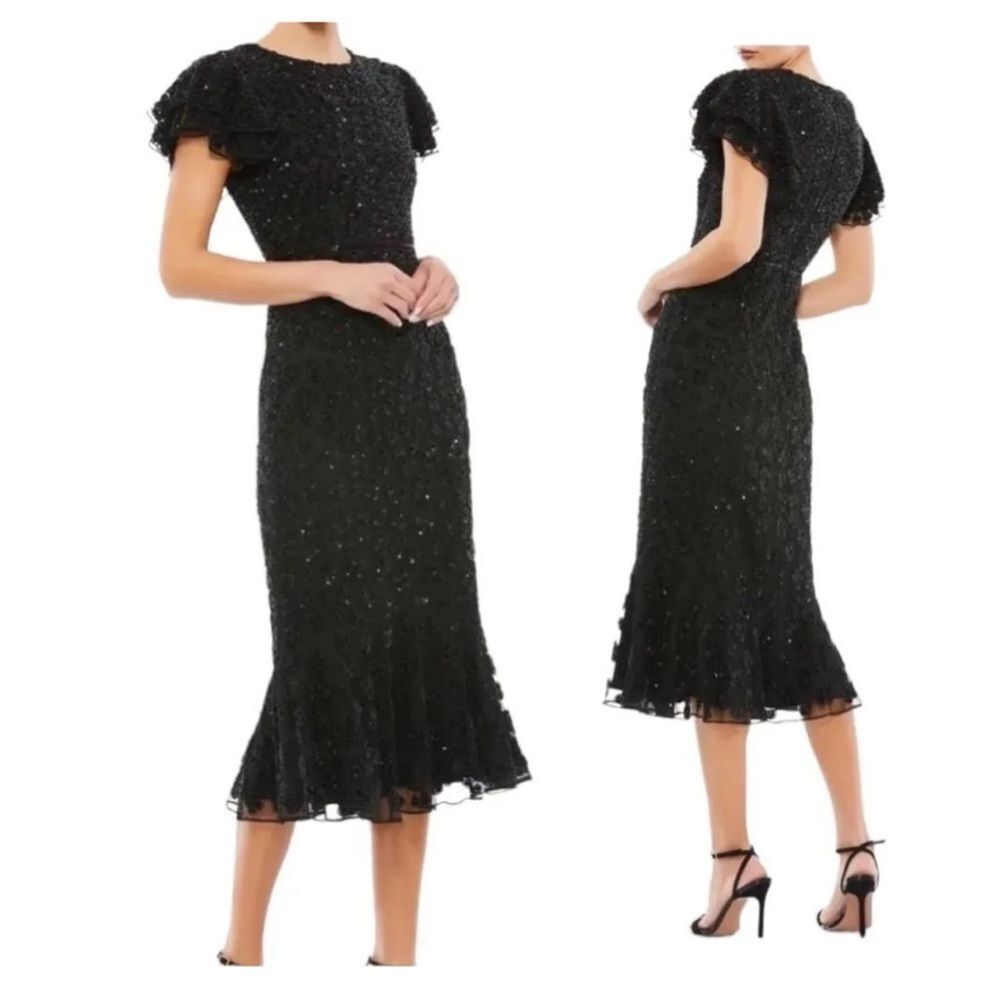 Mac Duggal Flounce Sleeve Hand Beaded Midi Dress